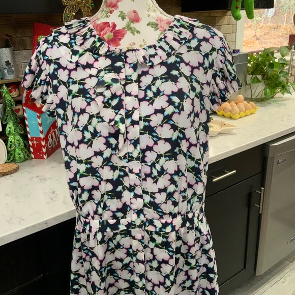 Banana Republic Dress Sz 16 Tall Floral Ruffle Pleated Neck Chiffon Feminine New - Picture 3 of 15